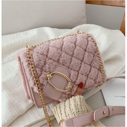 2021 Plush Fashion Womens Shoulder Bags Soft Female Messenger Bags Plaid Ladies Handbag Simple Tote Bags for Girls Coin Purses