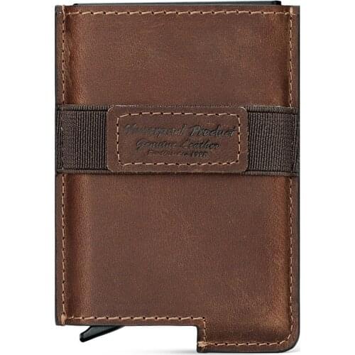 Genuine Leather Mens Credit Card Holder Slim Anti Theft Business Auto Aluminium ID Cardholder Blocking RFID Wallet Coin Case
