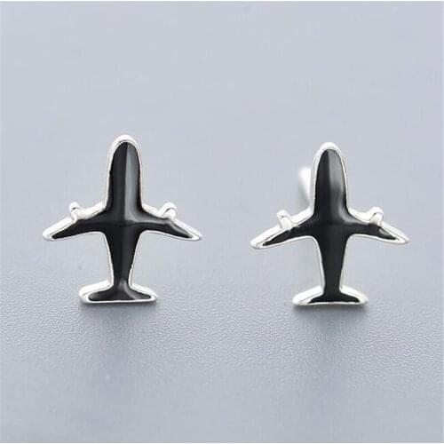 New Creative Cute Aircraft Fashion 925 Sterling Silver Jewelry Epoxy Black Plane Women Hypoallergenic Gift Stud Earrings SE543