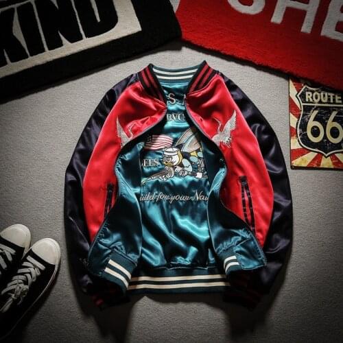 Two Sides Luxury Embroidery Bomber Jacket Smooth Men Sukajan Yokosuka Souvenir Jacket Streetwear Hip Hop Baseball Jacket
