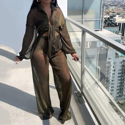 Sexy See Through Two Piece Set 2021 Autumn Long Sleeve Lace Blouse and Elastic Waist Pants Suit Female Fashion Club Party 2pcs