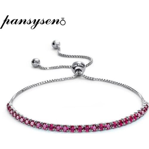 PANSYSEN 100% 925 Sterling Silver 2.5MM Round Ruby High Carbon Diamond Charm Wedding Engagement Bracelet Fine Jewelry Wholesale