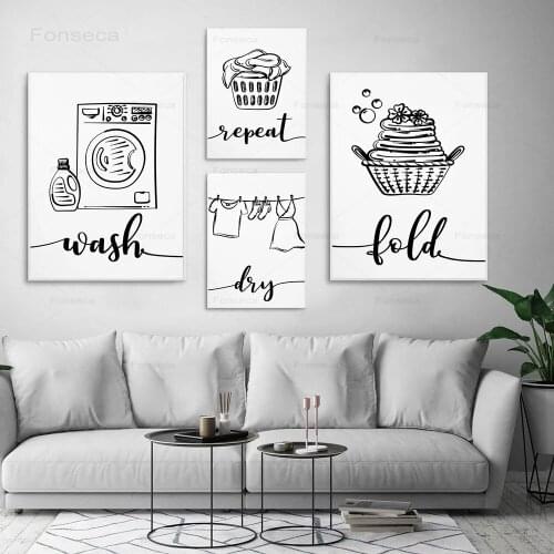 Wash Dry Fold Repeat Laundry Sign Canvas Painting Black White Wall Art Print Nordic Poster and Print Wall Pictures Utility Room