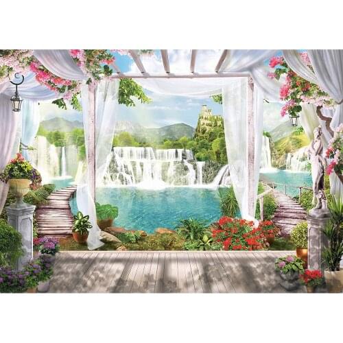 Curtain Waterfall Lake Flowers Photography Background Vinyl Backdrop Photo Studio for Children Baby Portrait Scenery Photophone