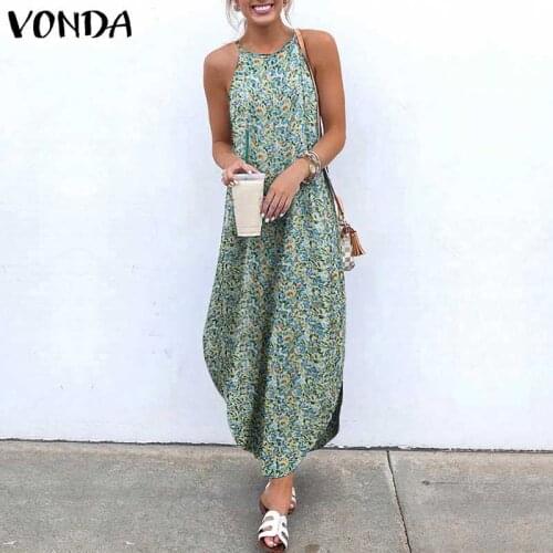 VONDA Summer Women Bohemian Printed Maxi Dress 2021 Sexy Halter Sleeveless Beach Sundress Causal Asymmetrical Long Dresses Robe