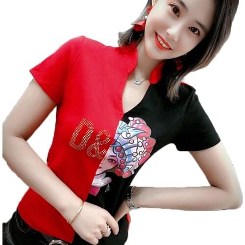 Women T-shirts Fashion Hot Diamond Printing Sexy V-neck T shirt Summer Patchwork Short Sleeve Casual Tops & Tees Feminine Y290