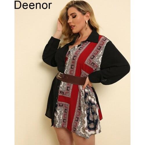 Deenor Plus Size Tops Spring Autumn New Ethnic Style Printing Stitching Loose Long Sleeve Sexy Shirt V-neck Casual Femme Wear