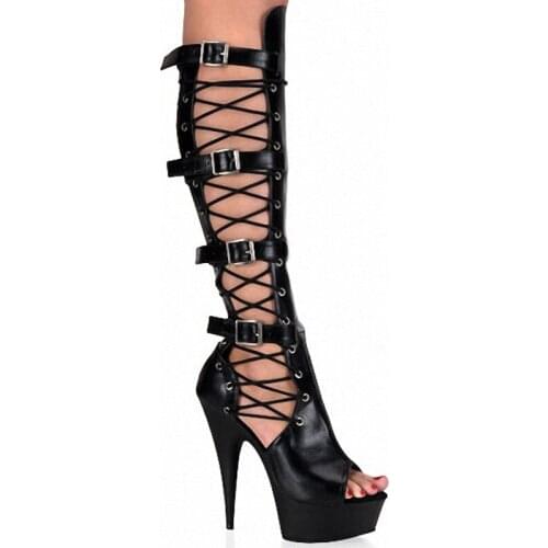 Women Charming Open Toe Fish Head High Heels Sandals Black Cross-tied Buckle Boots Sexy Hollow Out Female Platform Pumps Boots