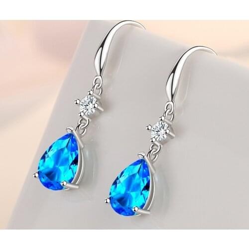 925 Sterling Silver Blue Crystal Water Drop Earring For Women Girls Wedding Party Elegant Jewelry eh620