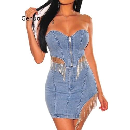 Two Piece Set Women Jeans Tops And Denim Skirt Set Strapless Sleeveless With Tassel Sexy Suit Fashion New Denim Clubwear Outfits