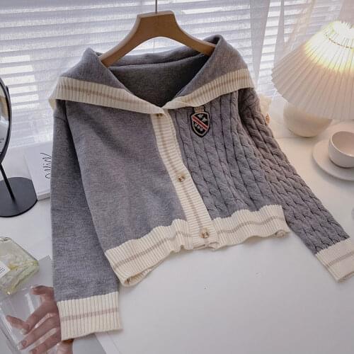 Preppy Style Patchwork Sweater Women Autumn Winter Sailor Collar Long Sleeve Oversized Knitted Sweaters pull femme jumper