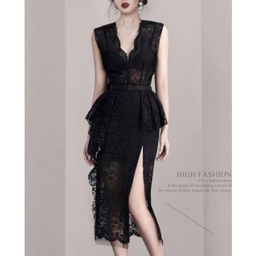 Fashion Temperament Ladies Sexy Dress Ruffles Black Lace Pencil Dress Women Sleeveless V-neck High-end Slim Dresses With Belt