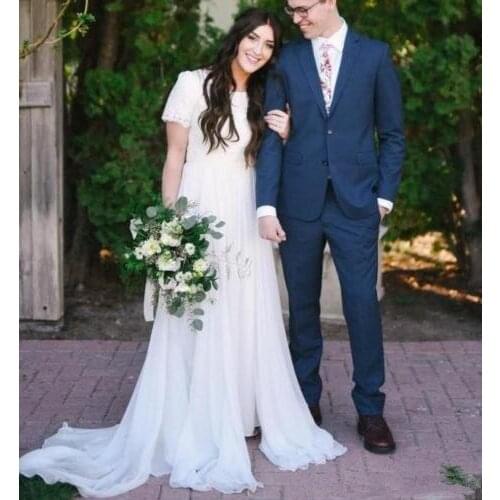 Vestido de Noiva 2020 Summer Lace Chiffon Wedding Dress Short Sleeve Garden Beach bridal Gown wedding gown Robe De Mariee