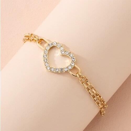 Hollow Out Crystal Zircon Heart-shaped Bracelet Charming Double Layer Gold Hand Chain Accessories Exquisite Women Jewelry Gift