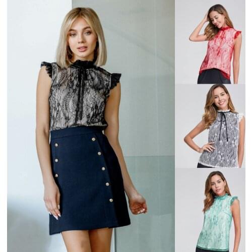 Ruffle sleeveless lace kawaii lolita cute shirts blouse tops women 2021 summer fashion korean clothes green red black white C247