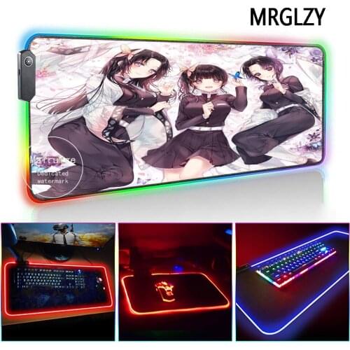 MRGLZY Anime Demon Slayer LED Light RGB Gamer Cute Sexy Girl XXL Large Mouse Pad DeskMat Gaming Accessories for Laptop Keyboard