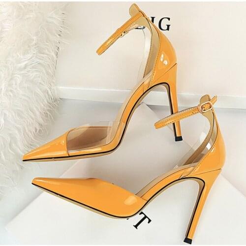 Nice Women 10cm High Heels Yellow Sandals Lady Leather Stripper Strap Transparent Sandles Wedding Bridal Prom Sexy Pleaser Shoes