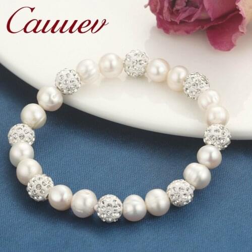 Cauuev Genuine Natural Freshwater Pearl Bracelets Bangles For Women with White Clay Zircon Ball Elasticity Jewelry Gift