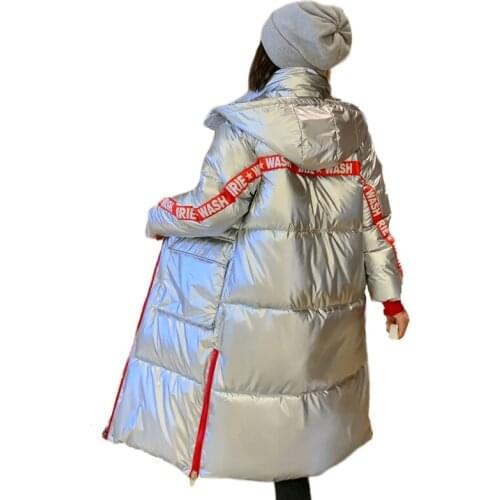 Winter X-long jacket for women thick plus size female shining parkas hooded stand collar letter print womens thick coats