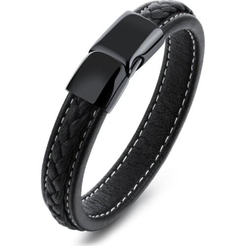 For Mens Gifts Genuine Leather with Stainless steel Bracelet Pure Black Wirstband 8.26