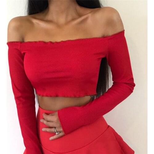 Long Sleeve T-Shirt Women Sexy Off Shoulder Bustier Tops Elastic Knitted Tube Club Short Women Top