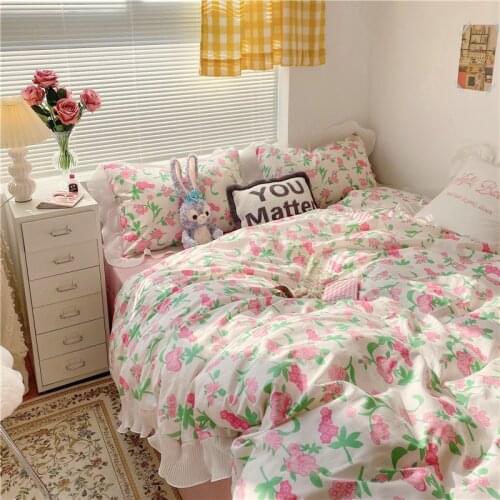100% Cotton Floral Bedding Set Double Bed Plaid Sheets Gentle Cute Girl Room Decoration Quilt Cover 3 / 4pcs