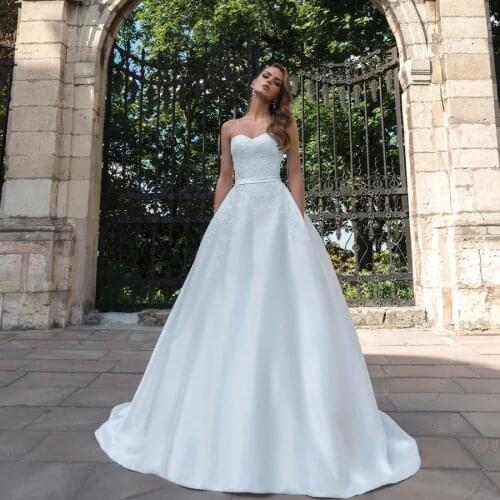 Strapless Applique Lace Matte Satin A-line Wedding Dress with Pocket Simple Style Bridal Gowns vestido novia sirena
