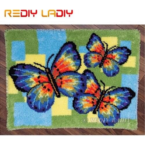 Latch Hook Rug Kits Unfinished Crocheting Tapestry Yarn Needlework Cushion Set for Embroidery Carpet Three Butterlies Home Decor