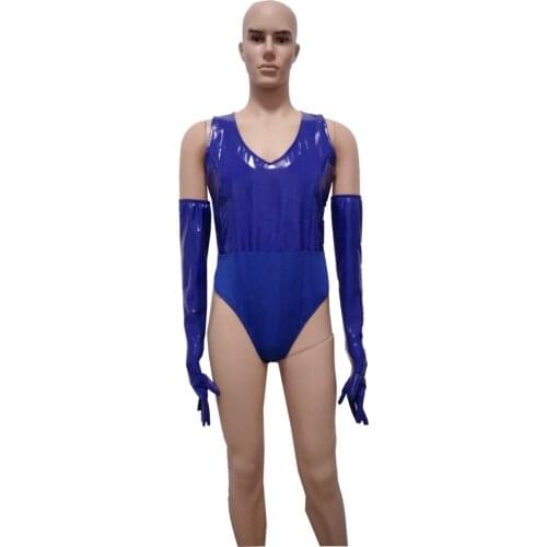 NEW style PU Leather PVC Shiny Sexy Women Bodysuit V-Neck with long Gloves 2pcs/set