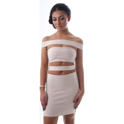 Nude new fashion 2020 sexy women rayon cut out off shoulder knitted elastic hl slim fit short bandage dress