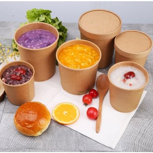 50pcs High quality kraft paper disposable takeaway packaging box 8oz/12oz round salad soup food container paper cup with lid