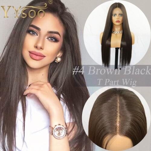YYsoo long #4 Brown Black Synthetic T Part Wigs for Women Silky Straight Futura Heat Resistant Lace Front Wig Deep Middle Part