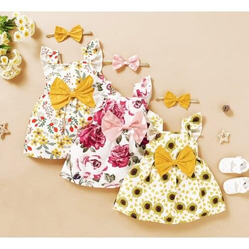 Baby Girls Fly Sleeve Sunflower Romper Backless Flower Sunsuit Jumpsuits With Headband Clothing Baby Clothes Newborn Age 0-3Y