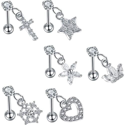 1PC Dangle Ear Tragus Crown Heart Star CZ Ear Tragus Barbell Earring Piercing Conch Helix Orelha Cartilage Stud Sexy Jewelry 16G