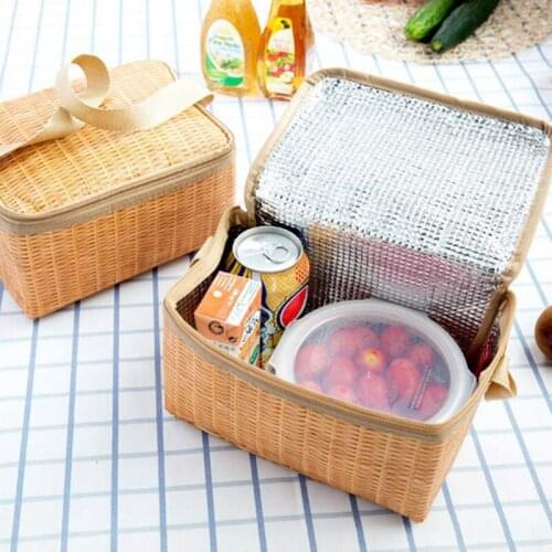 Straw Woven Waterproof Insulated Thermal Bento Bag Insulated Lunch Tote Bag Travel Picnic Lunch Box Natural Big Capacity