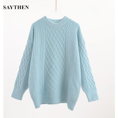 SAYTHNE Harajuku Knitted Sweater Women Clothes Loose Long Sleeve Blue Pullovers Ladies Tops Streetwear Pink Jumper Sweater
