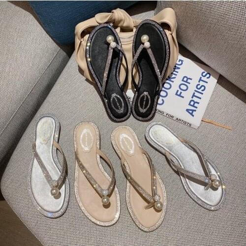 Koovan 2021 Womens Slippers Outside The Flip-flops Rhinestone Slippers Sandals Student Flat Sandals Nude Pearl Shoes Girls