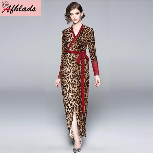 European station autumn new brand womens leopard print V-neck sexy style Slim thin lace patchwork cardigan bodycon maxi dress
