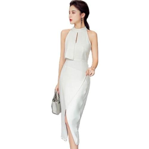 One piece korea Dress for women Summer White Sleeveless hang Line Sexy Ladies Formal Long Office Party Dresses