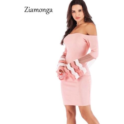 Ziamonga Women Sexy Dress Elegant Mesh Flare Long Sleeve Midi Bodycon Dress 2018 Autumn Winter Casual Dress Strapless Vestidos