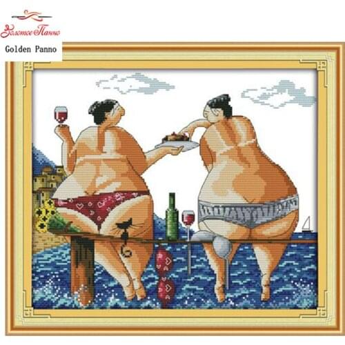 Golden Panno,Enjoy in Beach Counted Cross Stitch 11CT 14CT Cross Stitch Kits cartoon Cross Stitch Sets Embroidery Needlework 23