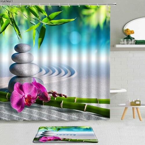 2Pcs Green Bamboo Zen Stone Shower Curtain Desert Orchid Creek Pebbles Lotus Butterfly Bathroom Curtains Non-Slip Bath Mat Set