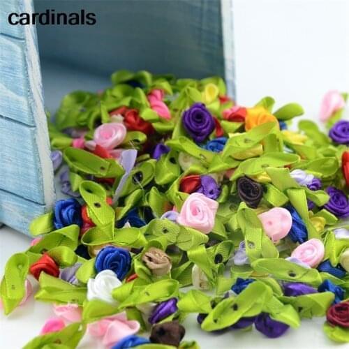 300pcs Mini Satin Ribbon Flower Silk Rose head Ribbon DIY Wedding Bow Appliques Craft Sewing Clothing Accessories Decoration