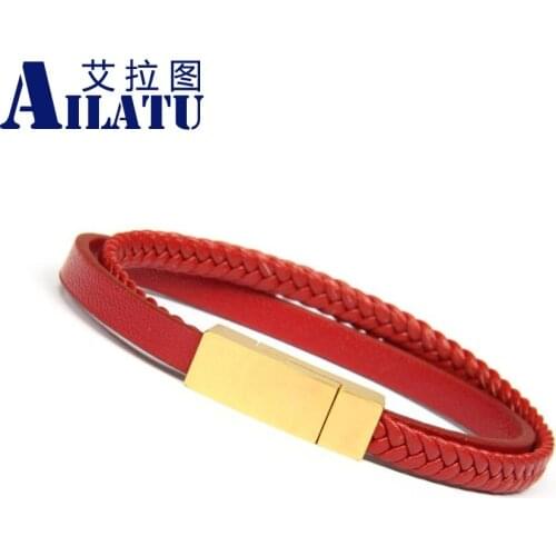 Ailatu Simple Genuine Leather Bracelet Luxury Brand Homme Jewelry Stainless Steel Geometric Clasps Bangles Charm