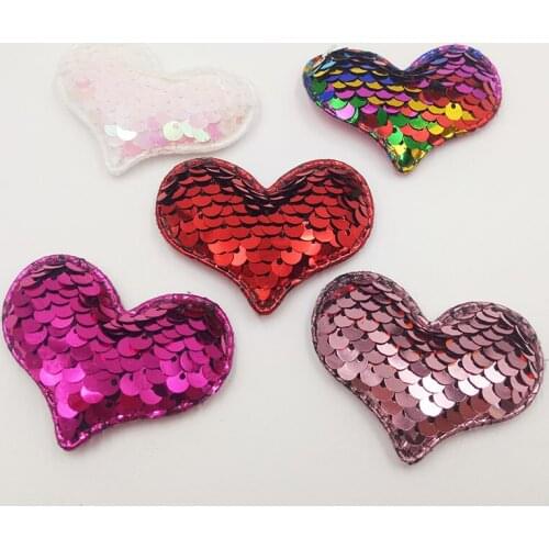 30pcs 5.5X4CM Glitter Paillette Heart Padded Patches Appliques For Clothes Sewing Supplies DIY Hair Bow Decoration