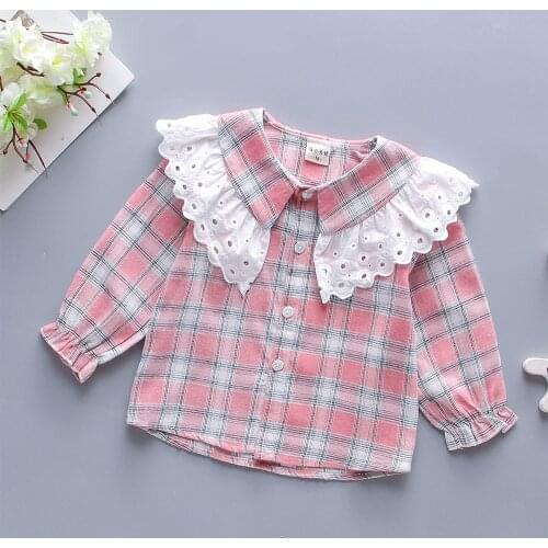 Toddler Girls Tops Long Sleeve Plaid Peter Pan Collar Infant Blouses Spring Autumn Lace Patchwork Baby Shirts