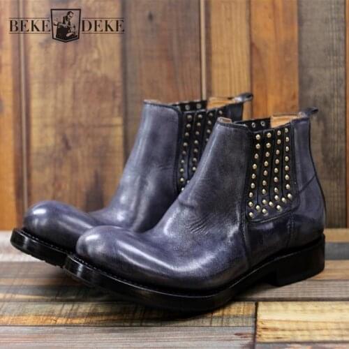 Top Quality Natural Cowhide Handmade Mens Shoes Vintage Round Toe Rivet 100% Genuine Leather Chelsea Boots Men Large Size 37-45