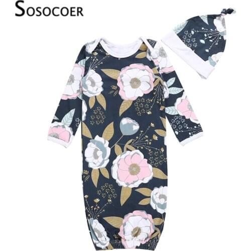 SOSOCOER Baby Sleeping Bag Fashion Flower Long Sleeve Sleepwear+Hats 2pcs Newborn Clothes Infant Girls Romper Sleeping Suit