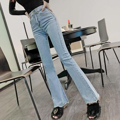 5XL Spring Summer Long Trumpet Denim Pants Womens High Waist Elastic Slim Full Length Jeans Casual Trumpet Trousers For Women