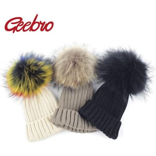 Geebro Soft Winter Real Fur Pompom Hats For baby Boys Girls Toddler Kids Children Acrylic Ribbed Knitted Beanies hats and Caps